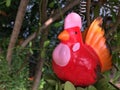 Red chicken doll In the garden