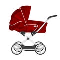 Red child pram, baby carriage or stroller on white background