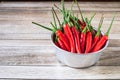 Red chili in a bowl on a wooden table Royalty Free Stock Photo