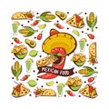 Red chili eats burritos. Mexican food. A set of popular Mexican dishes, fast food. Vector illustration