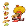 Red chili eats burritos. Mexican food. A set of popular Mexican dishes, fast food. Vector illustration