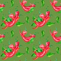 Red chili hot peppers and green leaves watercolor seamless pattern isolated on green. Royalty Free Stock Photo