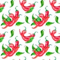 Red chili hot peppers and green leaves watercolor seamless pattern isolated on white. Royalty Free Stock Photo