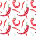 Red chili hot peppers watercolor seamless pattern isolated on white background. Royalty Free Stock Photo