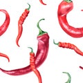 Red chili hot peppers watercolor seamless pattern isolated on white background. Royalty Free Stock Photo