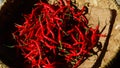 Red chili pepper in bamboo basket. Exposed to the morning sun