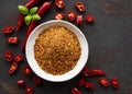 Red chili pepper, dried chillies on dark background. Royalty Free Stock Photo