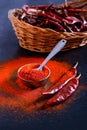 Red Chili pepper flakes and chili powder burst on black background Royalty Free Stock Photo