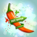 Red chili pepper with green arrow. Hot offer banner. Vegetable with splashes and drops. Vector illustration