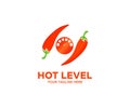 Red chili pepper, hot level, cayenne, jalapeno, habanero hot orange logo design. Two red chili peppers vector design.