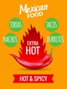 Red chili pepper mexican food hot taco, vector spicy restaurant design. Chilli pepper mexico food Royalty Free Stock Photo