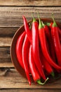 Red chili pepper on plate on the brown wooden background Royalty Free Stock Photo