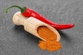 Red chili pepper and powder in wooden scoop on black stone table Royalty Free Stock Photo