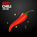 Red chili pepper with chili seeds splash elements isolated on dark color background, Vector realistic in 3D.