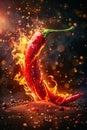 Red chili pepper is shown in stylized artistic manner with fire and lightening bolts around it. Generative AI