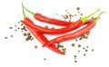 Red chili peppers with black and allspice grains Royalty Free Stock Photo