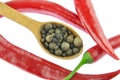 Red chili peppers with black pepper and allspice grains Royalty Free Stock Photo