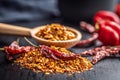 Red chili peppers flakes. Milled spicy peppers on black table Royalty Free Stock Photo