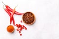 Red chili peppers, flakes and powder Royalty Free Stock Photo