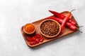 Red chili peppers, flakes and powder Royalty Free Stock Photo