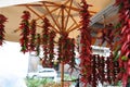 Red chili peppers hanging for sale at the street Market Royalty Free Stock Photo