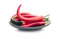 Red chili peppers. Hot spice peppers on plate isolated on white background Royalty Free Stock Photo