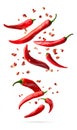 Red chili peppers levitating on white background Royalty Free Stock Photo