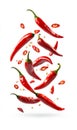 Red chili peppers levitating on white background Royalty Free Stock Photo