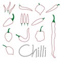 Red chili peppers types of hot chillies simple outline icons collection eps10