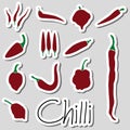 Red chili peppers types of hot chillies simple stickers collection eps10