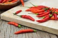 Red chili Peppers on wood chopping Royalty Free Stock Photo