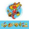 Red chili in a sombrero dancing with maracas. Mexican food. A set of popular Mexican dishes, fast food. Vector illustration.