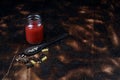 red chili and tomato, salt, garlic, rosemary on a dark wooden background ingredients for cooking cover cookbook asian cuisine,