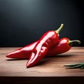 Red chillies on wooden table with black background. Royalty Free Stock Photo