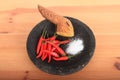 Red chilli paprikas and salt in mortar Royalty Free Stock Photo