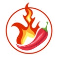 Red chilli pepeer and fire. Flamed hot spiced pepper pod. Red burning pepper icon in cartoon style. Royalty Free Stock Photo