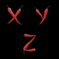 Red chilli pepper capital letters alphabet - letters X-Z