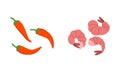 Red Chilli Pepper and Shrimps as Wok Asian Food Ingredient Vector Set