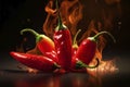 Red chilli peppers ablaze with fiery background