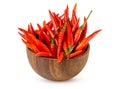 Red chilli peppers in wooden bowl on white background with clipping path. Royalty Free Stock Photo
