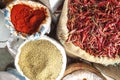 Red Chillies, Coriander Seeds and Chilly Powder Royalty Free Stock Photo