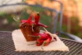 Red chillies pepper in curved wooden bowl Royalty Free Stock Photo