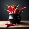 Red chillies on wooden table with black background. Royalty Free Stock Photo