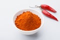 Red chilly powder in bowl over white background Royalty Free Stock Photo