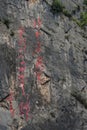Chinese writing on a vertical rock in Shennong stream canyon