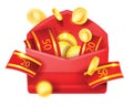 Red Chinese 3D lottery envelope, flying golden money coins, sale voucher, lucky coupon gift.