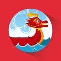 Red chinese dragon boat sea and clouds button shadow Royalty Free Stock Photo