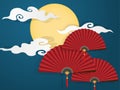 Red Chinese folding fans on blue sky with full moon and clouds  background. vector illustrator in flat design for Chinese New Year Royalty Free Stock Photo