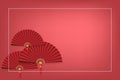 Red Chinese folding fans with white frame on red background with your copy space