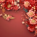 Red Chinese frame with a dragon and decorated flowers in the middle a blank field with space for your own content Royalty Free Stock Photo